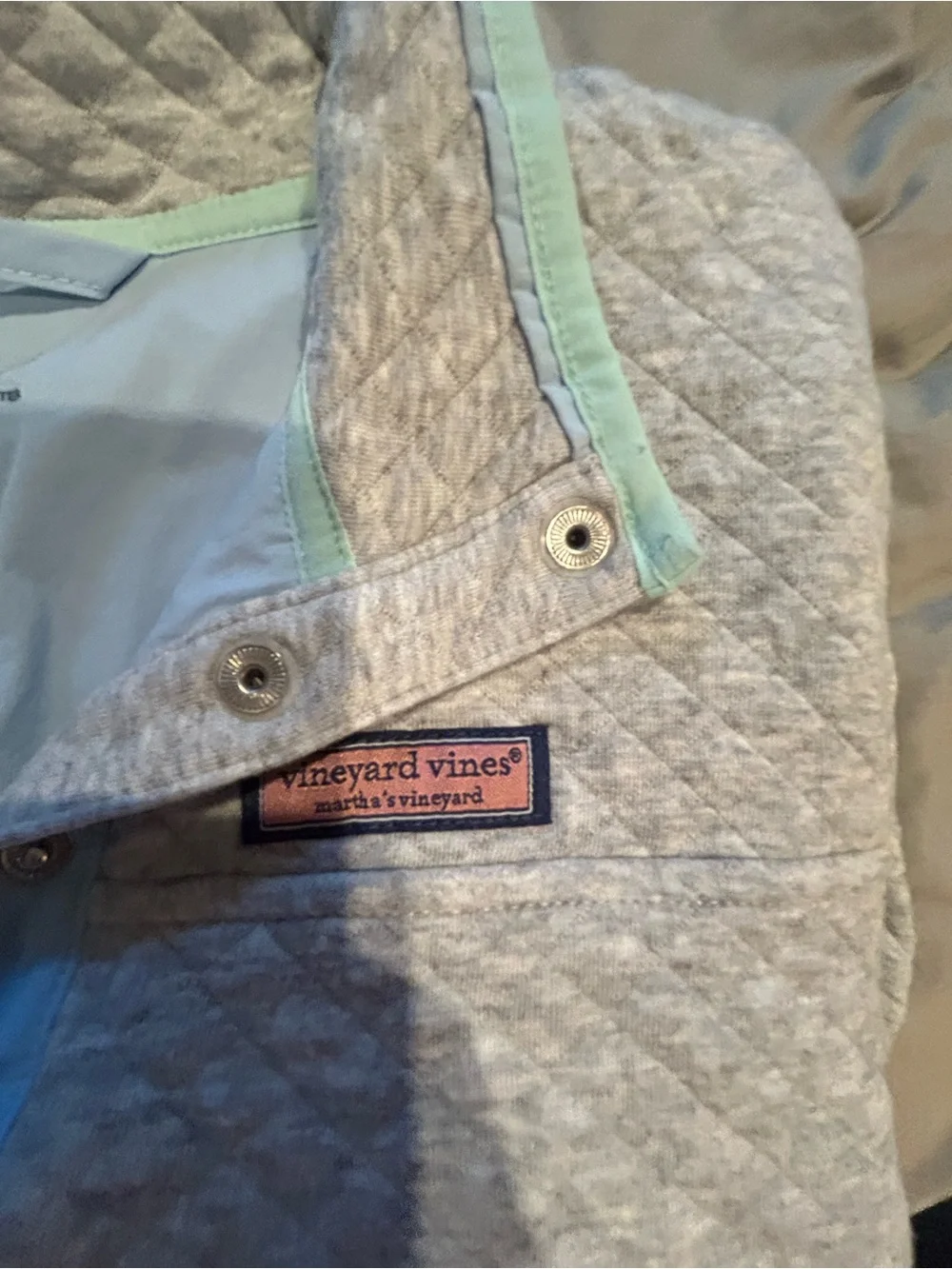 Vineyard Vines Quilted Pullover in Gray with Mint Trim